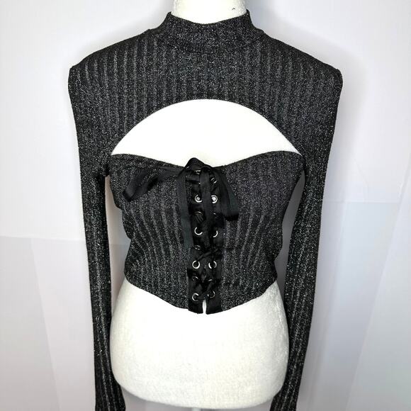 TOPSHOP Black Shimmer Front Cutout Sexy Lace Up Corset Long Sleeve Top 10 Large - Picture 4 of 7